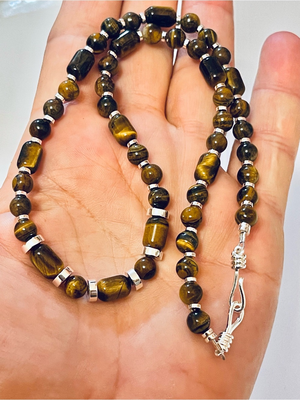Tiger Eye Hematite Cylinder Round
Bead Necklace Men's Women's Unisex 28g 19”